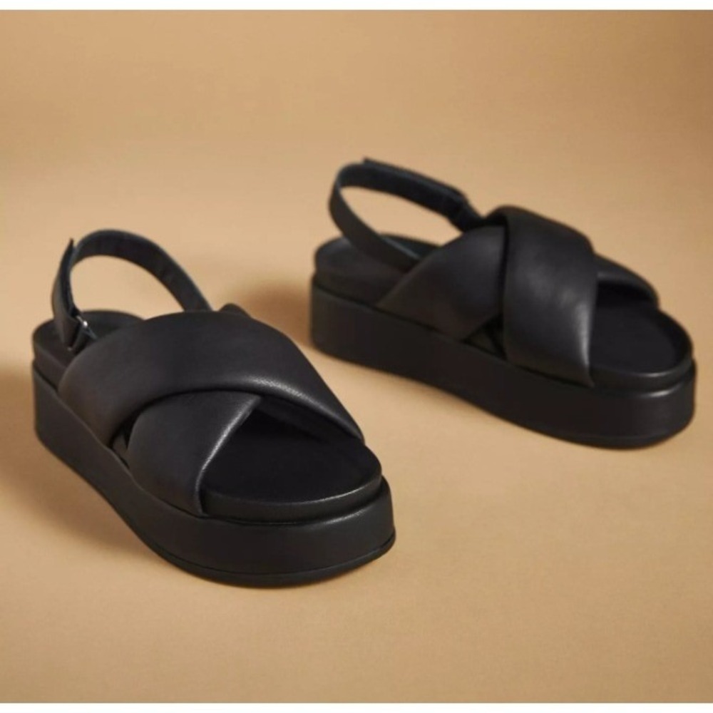 Silent D Anthropologie Pier Platform Sandals Black Leather Puffy Womens 37 6-6.5